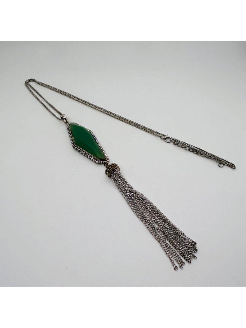 Green Acrylic Rhombus Pendant Chain Tassel Necklace Silver Tone Long Statement